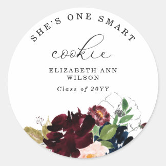 Sticker Rond Bourgogne Florals She's One Smart Cookie Graduatio