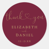 Sticker Rond Bourgogne Gold Heart Script Merci Mariage Faveur (Devant)