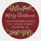 Sticker Rond Bourgogne Joyeux Noël Verdure Adresse de Retour (Devant)