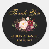 Sticker Rond Bourgogne Mariage Floral Merci Or Noir (Devant)