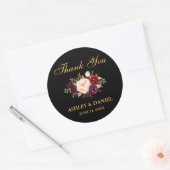 Sticker Rond Bourgogne Mariage Floral Merci Or Noir (Enveloppe)
