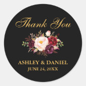 Sticker Rond Bourgogne Mariage Floral Merci Or Noir Petit (Devant)