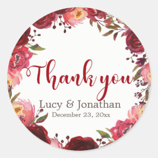 Sticker Rond Bourgogne Marsala Roses rouges Merci Floral