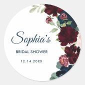 Sticker Rond Bourgogne & Navy Fleurs bleues Fête des mariées ru (Devant)