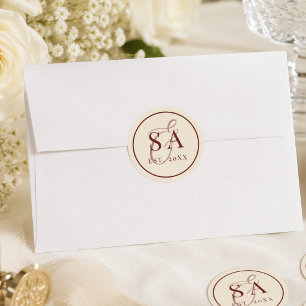 Sticker Rond Bourgogne Rayure d'Ivoire Monogramme Mariage Argen