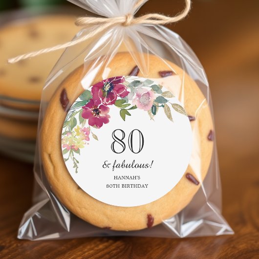 Sticker Rond Bourgogne rose Floral 80e anniversaire
