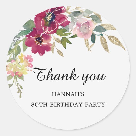 Sticker Rond Bourgogne rose Floral 80e anniversaire Merci (Devant)