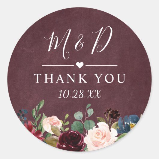 Sticker Rond Bourgogne Rouge Blush Floral Mariage Merci (Devant)