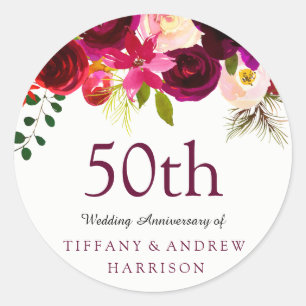 Sticker Rond Bourgogne Rouge Floral Boho 50e anniversaire de Ma