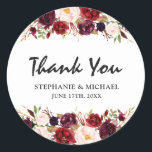 Sticker Rond Bourgogne Rouge Floral Russe Boho Merci<br><div class="desc">Aquarelle Bourgogne Rouge Floral Rustique Mariage Boho Merci autocollant. Parfait pour un mariage de automne. Le design comprend un bouquet époustouflant de bordeaux / Marsala, pêche, fleurs marines / roses avec feuilles assortis. S'il vous plaît trouver d'autres modèles et variantes dans mon magasin "blissweddingpaperie". N'hésitez pas à me contacter pour...</div>