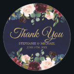 Sticker Rond Bourgogne Rouge Floral Russe Boho Merci<br><div class="desc">Aquarelle Burgundy Rouge Navy Floral Rustic Boho Mariage autocollant Merci. Parfait pour un mariage de automne. Le design comprend un bouquet époustouflant de bordeaux / Marsala, pêche, fleurs marines / roses avec feuilles assortis. S'il vous plaît trouver d'autres modèles et variantes dans mon magasin "blissweddingpaperie". N'hésitez pas à me contacter...</div>