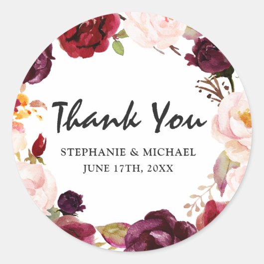 Sticker Rond Bourgogne Rouge Floral Russe Boho Merci (Devant)