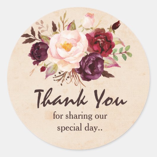 Sticker Rond Bourgogne Rouge Floral Russe Boho Merci (Devant)