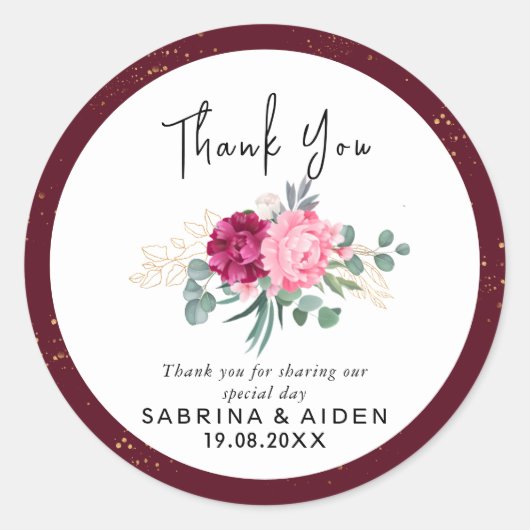 Sticker Rond Bourgogne Rouge Romantique | Floral Rose Doré (Devant)