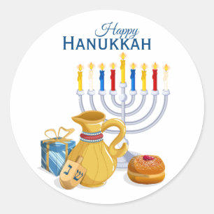 Sticker Rond Bouteille d'huile de Menorah de Hanukkah Sufganiyo