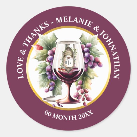 Sticker Rond Bouteilles de vin à l'aquarelle raisins vignoble d (Devant)