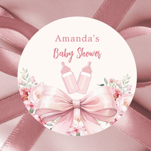 Sticker Rond Bouteilles rose bow Baby shower bouteilles