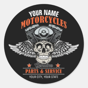 Sticker Rond Boutique de moto à crâne volante personnalisée 