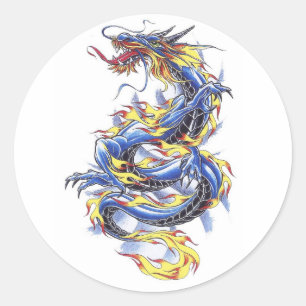 Sticker Rond Bouton cool Oriental Blue Dragon