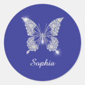 Sticker Rond Bouton Diamant Blanc, Nom du script, Bleu Profond (Devant)