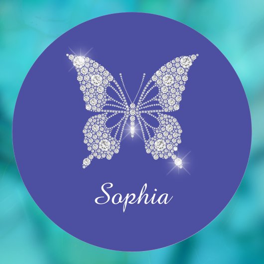 Sticker Rond Bouton Diamant Blanc, Nom du script, Bleu Profond