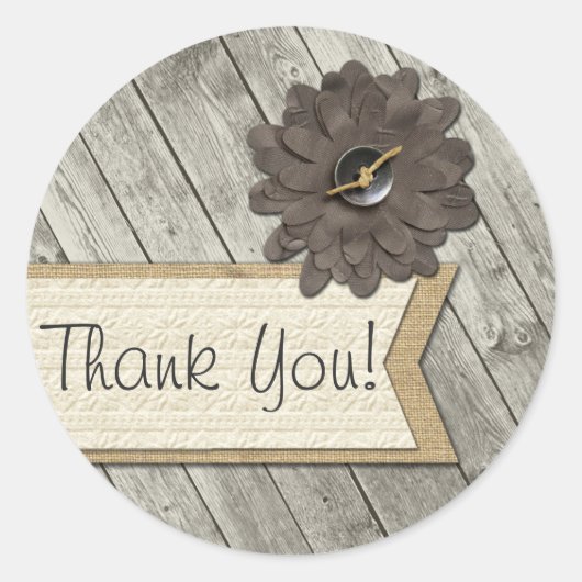 Sticker Rond Bouton Rustique Bois Tissu Merci Burlap Fleur (Devant)