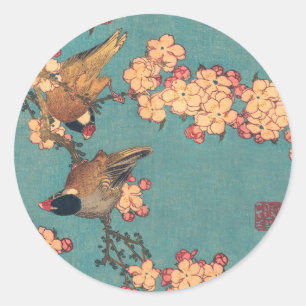 Sticker Rond Bouvreuil d'Hokusai et Cerisier Fleur Vintage Oise