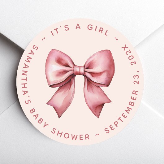 Sticker Rond Bow Baby Shower Blush Pink & Red It's a Girl