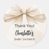 Sticker Rond Bow beige crème merci Baby shower (Devant)