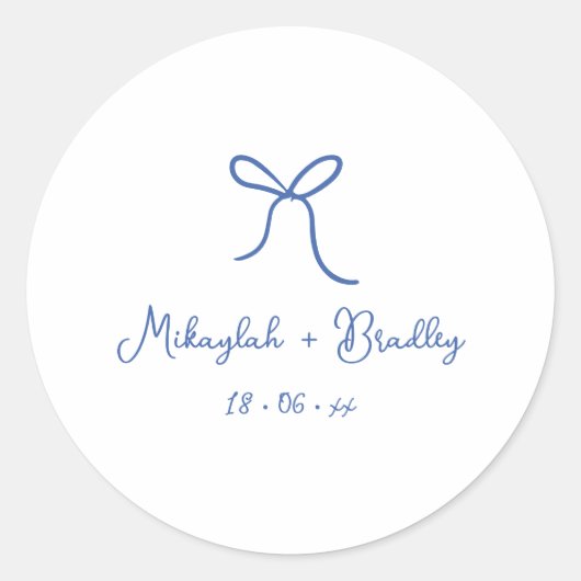 Sticker Rond Bow blanc et bleu Whimsical Mariage personnalisé (Devant)