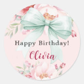 Sticker Rond Bow bleu rose sauge vert fleurons anniversaire (Devant)