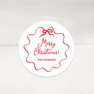 Sticker Rond Bow de Noël   Blanc ondulé avec rouge