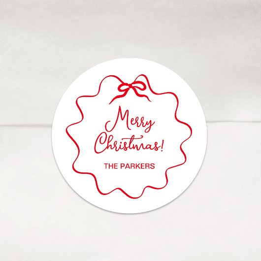 Sticker Rond Bow de Noël | Blanc ondulé avec rouge