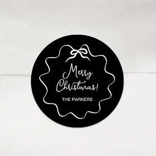 Sticker Rond Bow de Noël   Noir Whimsical Wavy avec blanc