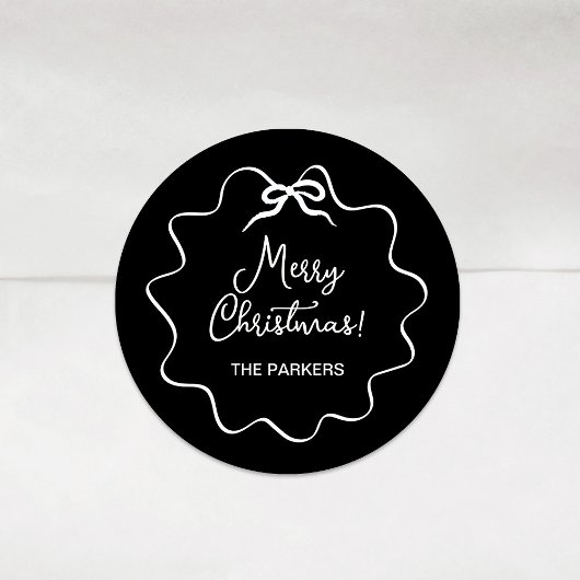 Sticker Rond Bow de Noël | Noir Whimsical Wavy avec blanc