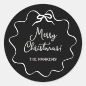 Sticker Rond Bow de Noël | Noir Whimsical Wavy avec blanc (Devant)