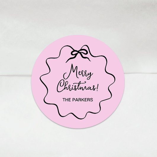 Sticker Rond Bow de Noël | Rose et noir gras