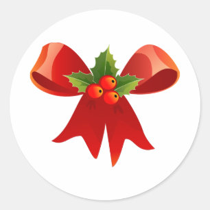 Sticker Rond Bow de Noël rouge avec Holly