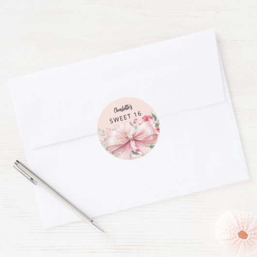 Sticker Rond Bow flores roses doux 16 (Enveloppe)