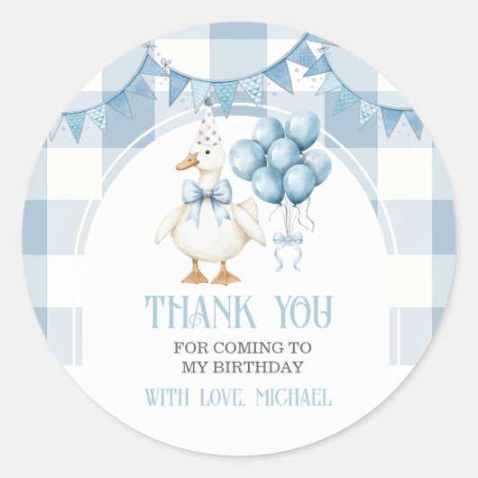 Sticker Rond Bow One Silly Goose 1st Birthday Blue Gingham (Devant)