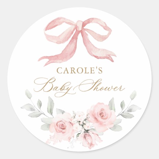 Sticker Rond Bow rose Floral Blush Baby shower bébé fille (Devant)