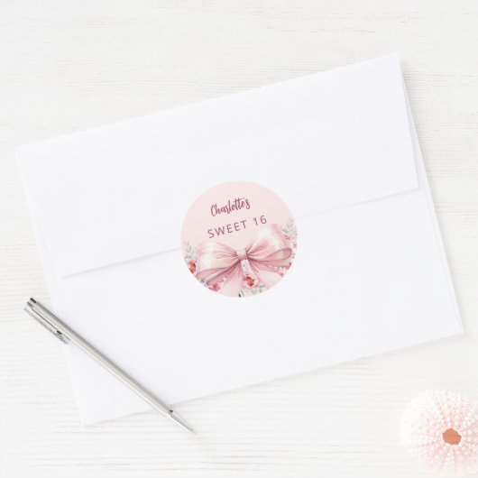 Sticker Rond Bow rose rousse fleurs rose Sweet 16 (Enveloppe)
