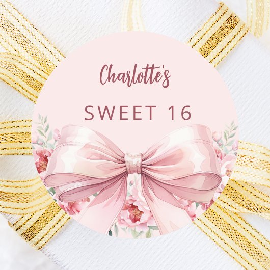 Sticker Rond Bow rose rousse fleurs rose Sweet 16
