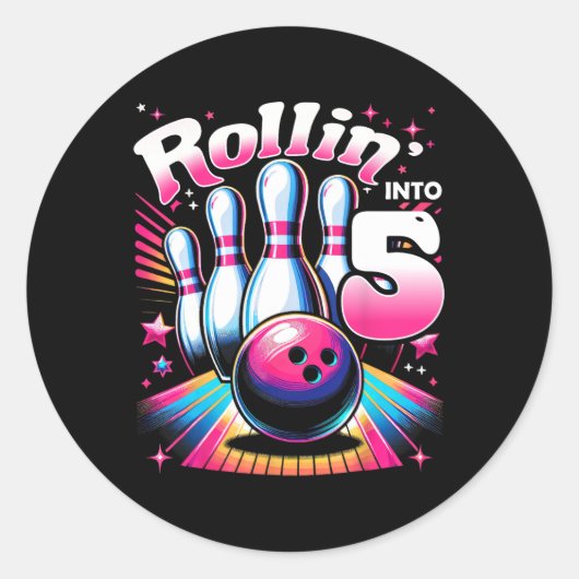 Sticker Rond Bowling Birthday Rollin Into 5 Party 5th Birthday  (Devant)