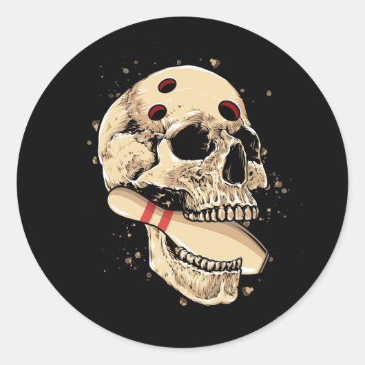 Sticker Rond Bowling Pins Retro Skull Skeleton Head Bowler Hall (Devant)