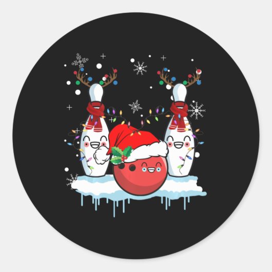 Sticker Rond Bowling Reindeer Santa Hat Christmas Bowling Lover (Devant)