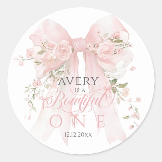 Sticker Rond Bowtiiful One 1st Birthday Floral Bow Girls (Devant)