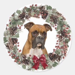 Sticker Rond Boxe Chien rouge Bow Pinecone Wreath Noël