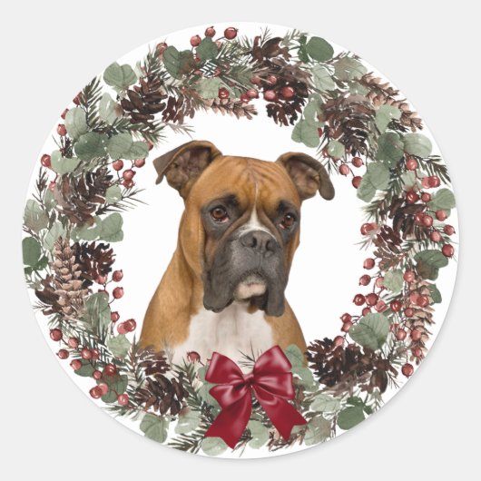 Sticker Rond Boxe Chien rouge Bow Pinecone Wreath Noël (Devant)