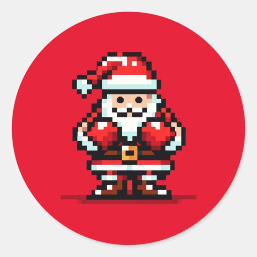 Sticker Rond Boxe Père Noël - Retro Pixel Conception de Noël (Devant)